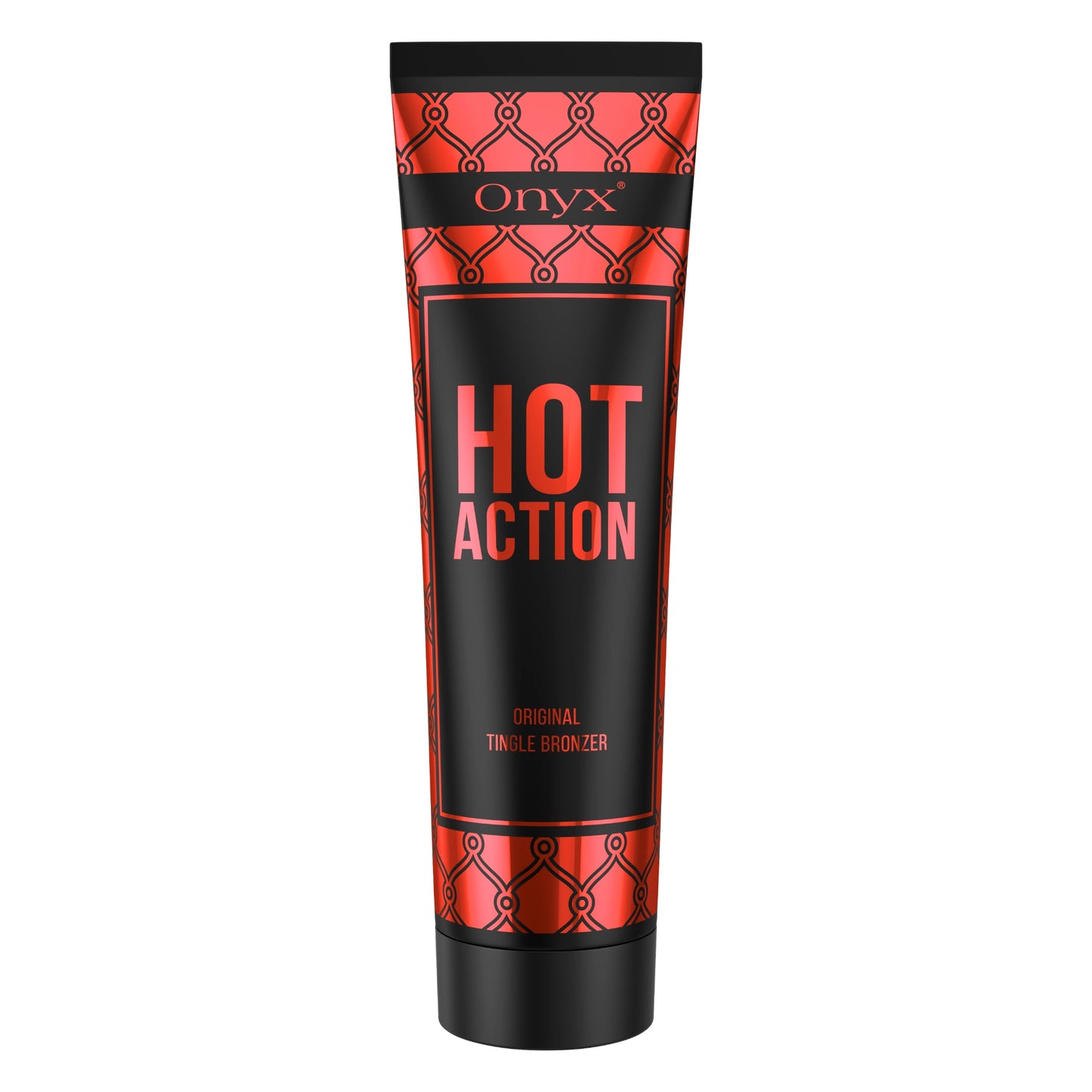 Onyx Hot Action Tingle Bronzer Tube auf weißem Hintergrund, Verpackung zeigt rot-schwarzes Design mit stilisiertem Muster, Hauptbild des Produkts
