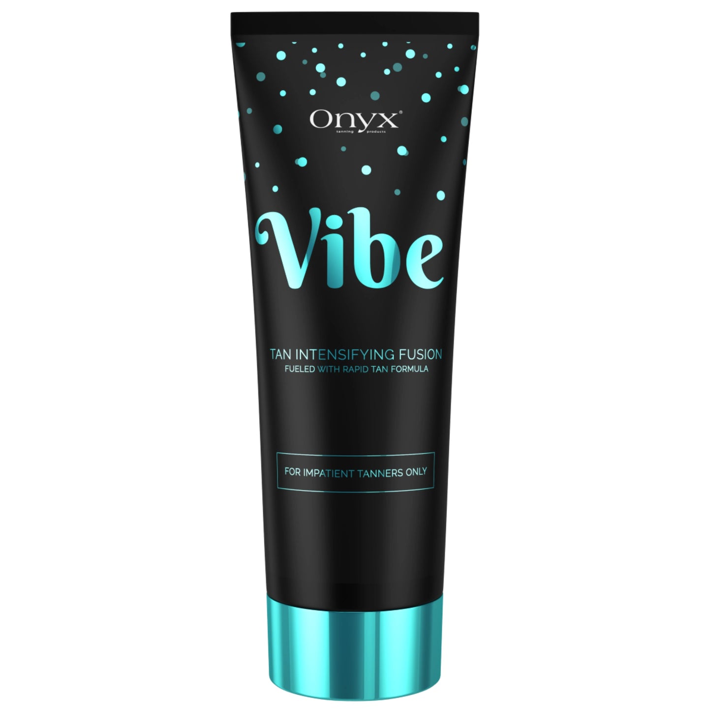 Produktabbildung der Onyx Vibe Tanning Lotion mit türkisfarbenem Design – beschleunigende Bräunungslotion für Sonnenbanknutzerinnen, ideal für schnelle, intensive Bräune ohne Bräunungsstreifen