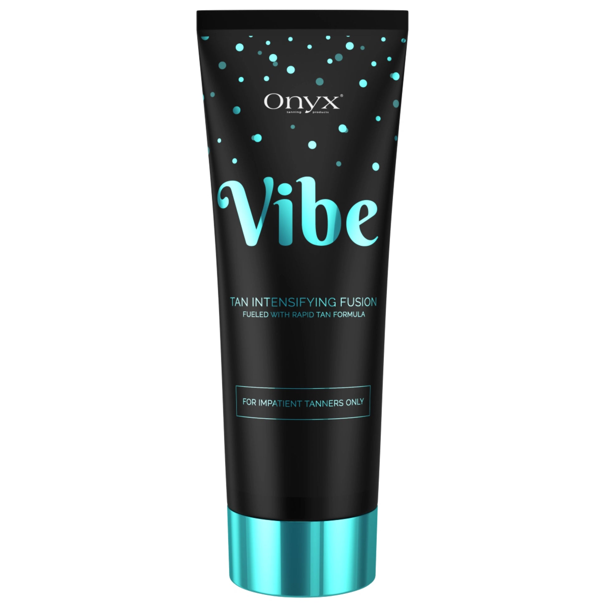 Produktabbildung der Onyx Vibe Tanning Lotion mit türkisfarbenem Design – beschleunigende Bräunungslotion für Sonnenbanknutzerinnen, ideal für schnelle, intensive Bräune ohne Bräunungsstreifen
